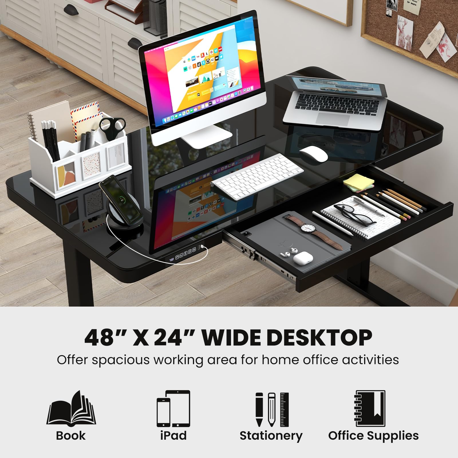 Giantex Glass Standing Desk with Drawer, 48" x 24" Height Adjustable Electric Stand Up Desk