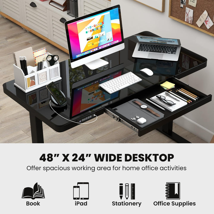 Giantex Glass Standing Desk with Drawer, 48" x 24" Height Adjustable Electric Stand Up Desk