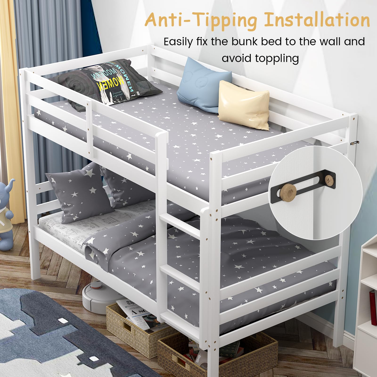 Giantex Bunk Bed Twin Over Twin White, Solid Wood Bunk Bed