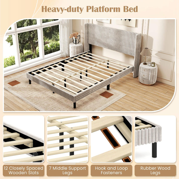 Giantex Queen Velvet Bed Frame Upholstered Platform Bed with Vertical Tufted Wingback Headboard