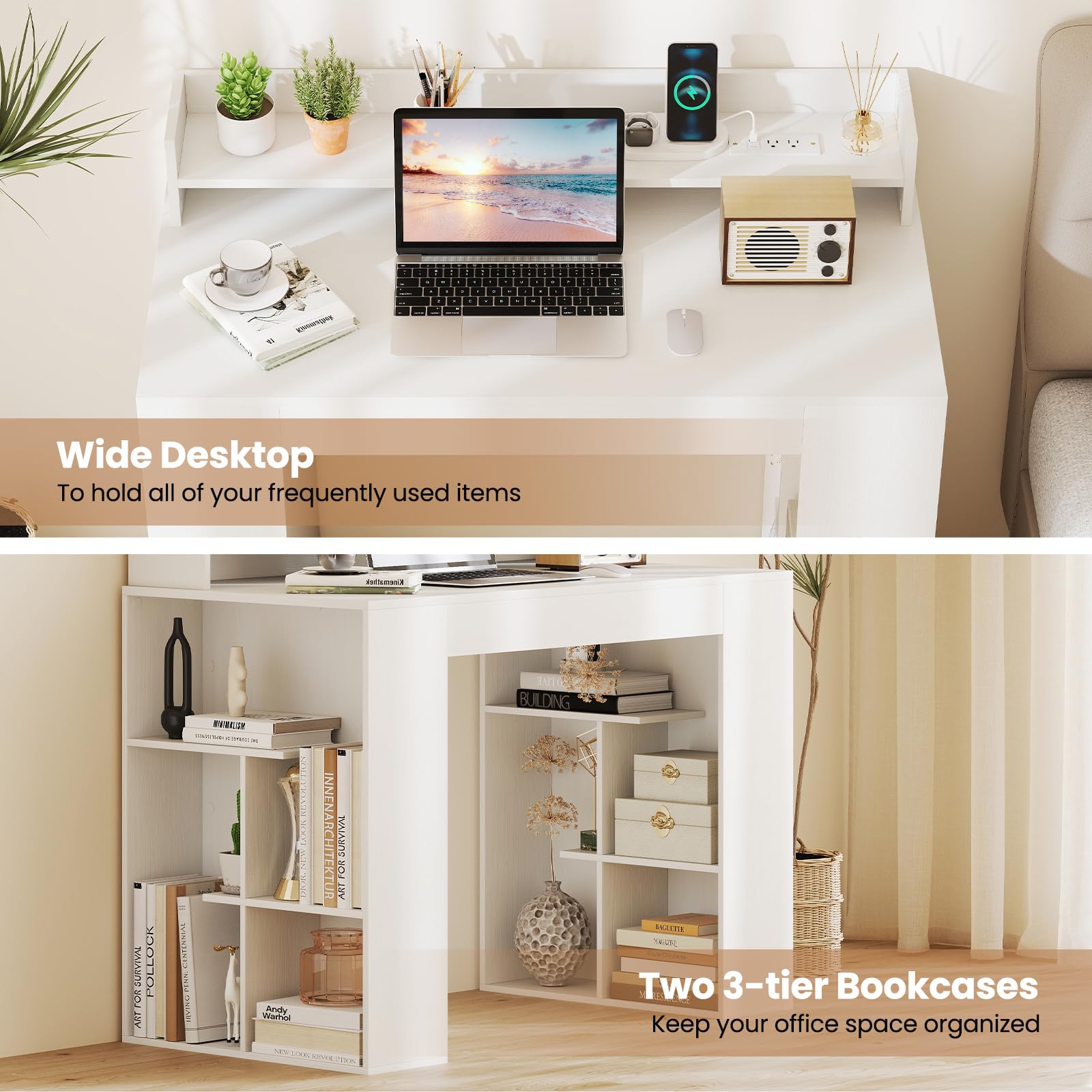 Giantex White Desk with Storage Shelves
