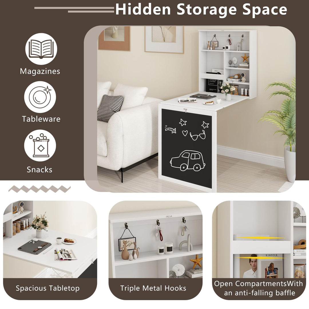 Giantex Foldable Wall Mounted Desk with Storage Shelves Hooks &amp; Chalkboard