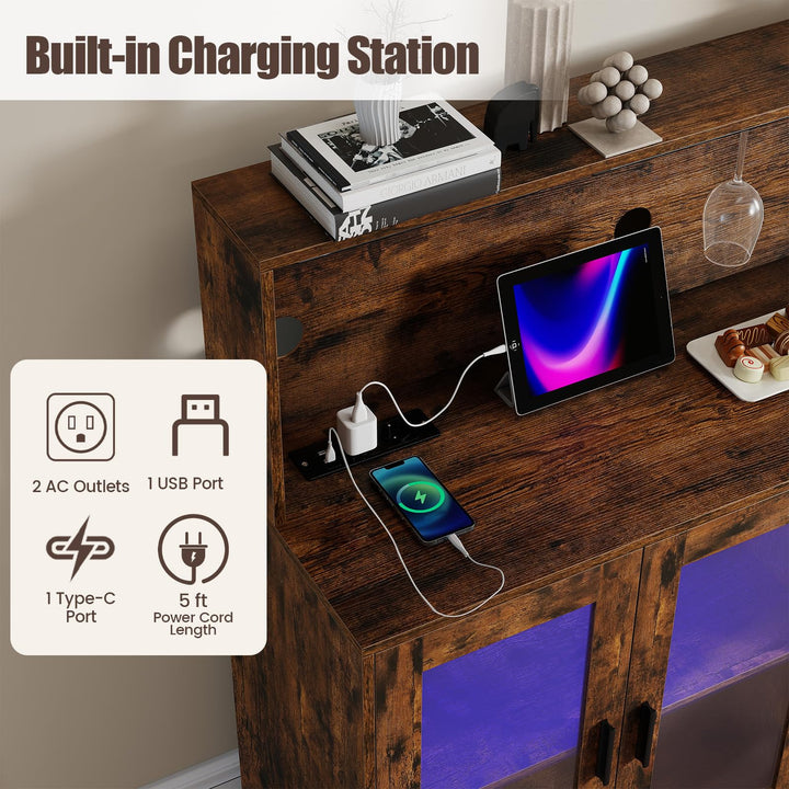 GIANTEX Wine Bar Cabinet with LED Lights &amp; Charging Station