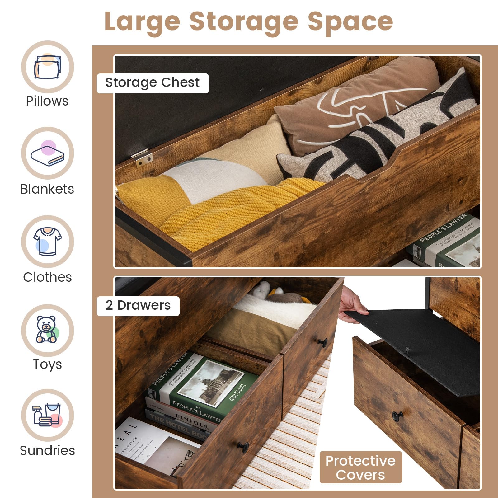 Giantex Storage Bench with Flip Top Storage Chest, 2 Rolling Drawers (Rustic Brown)