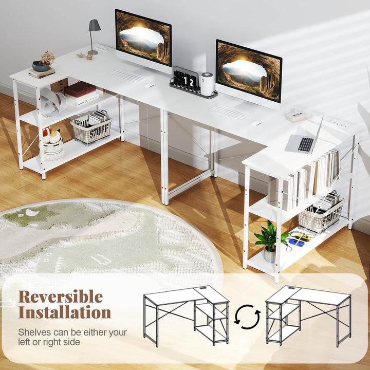 Giantex 47 Inch Reversible Computer Desk with Adjustable Storage Shelves and Metal Frame