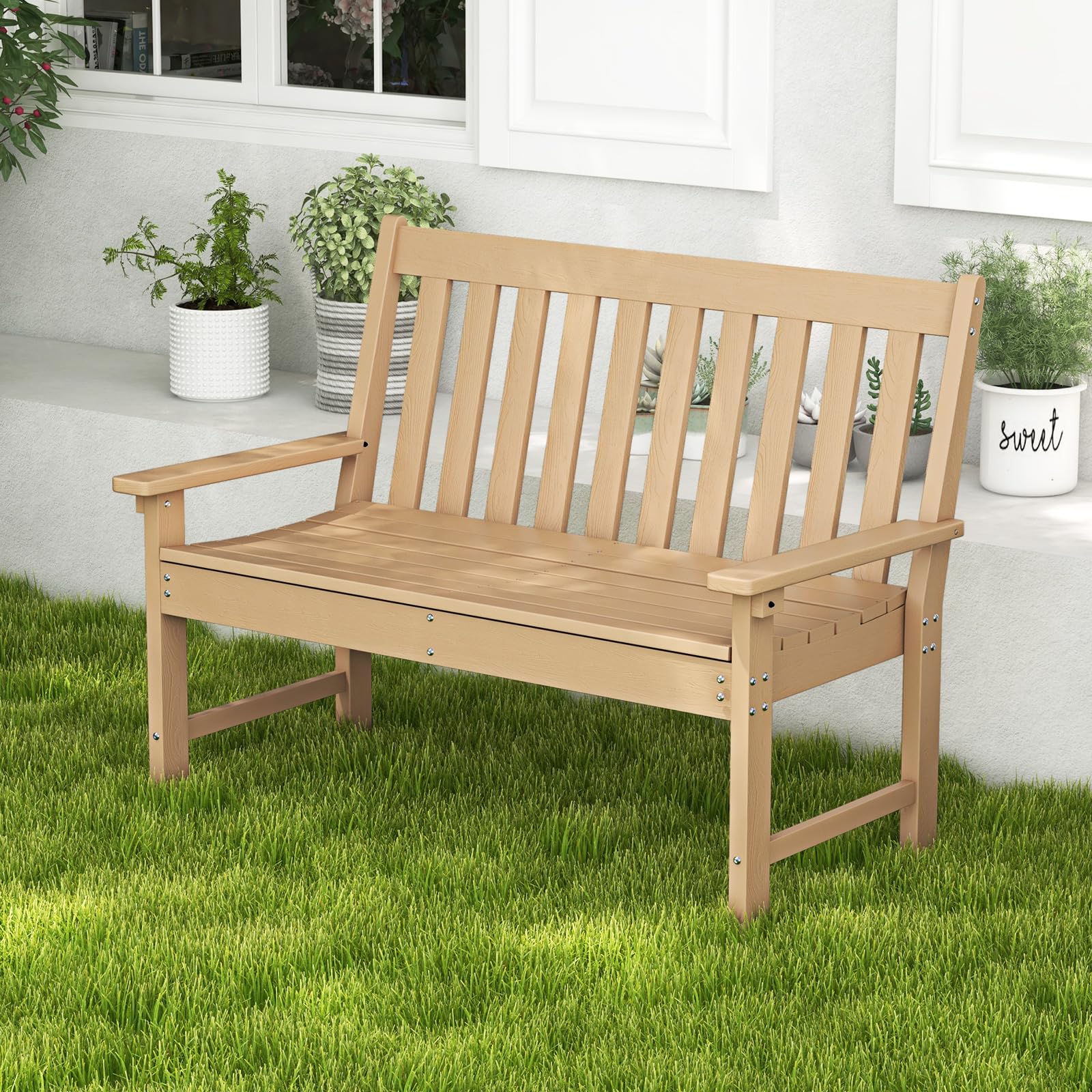 Giantex Outdoor Bench, 52-Inch Outside Bench All-Weather HDPE Park Bench with Backrest and Armrests