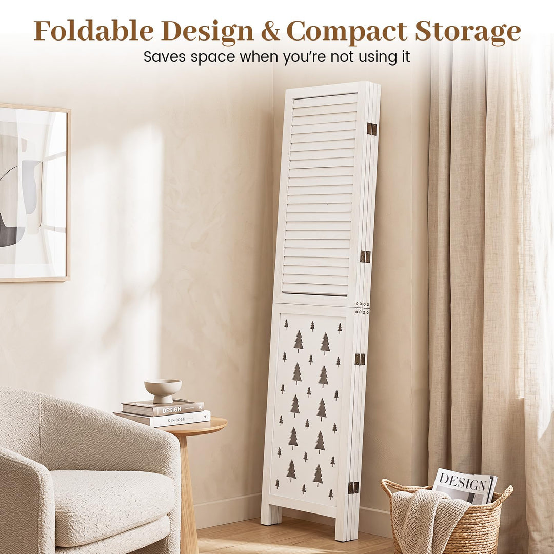 GIANTEX 4 Panel Folding Room Divider with Louvered Slats &amp; Pine Tree Cutout