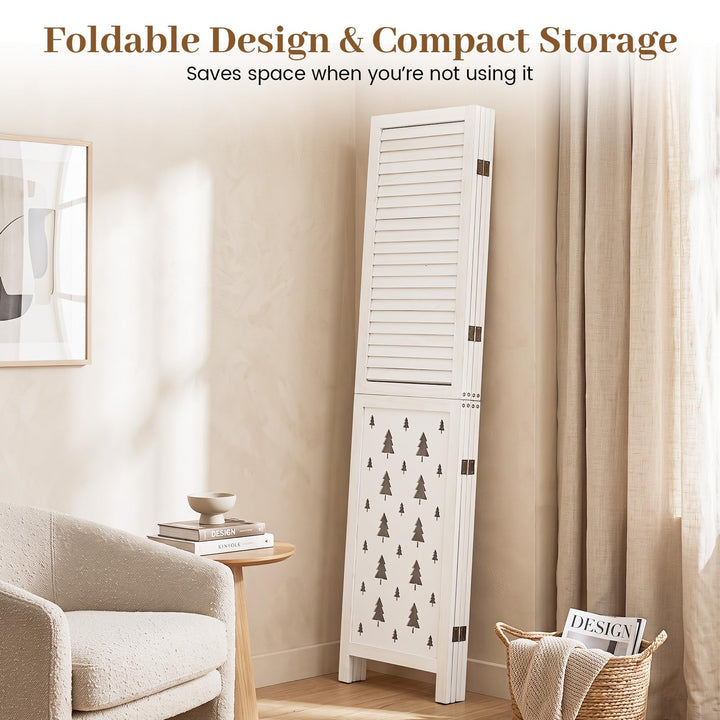 GIANTEX 4 Panel Folding Room Divider with Louvered Slats &amp; Pine Tree Cutout