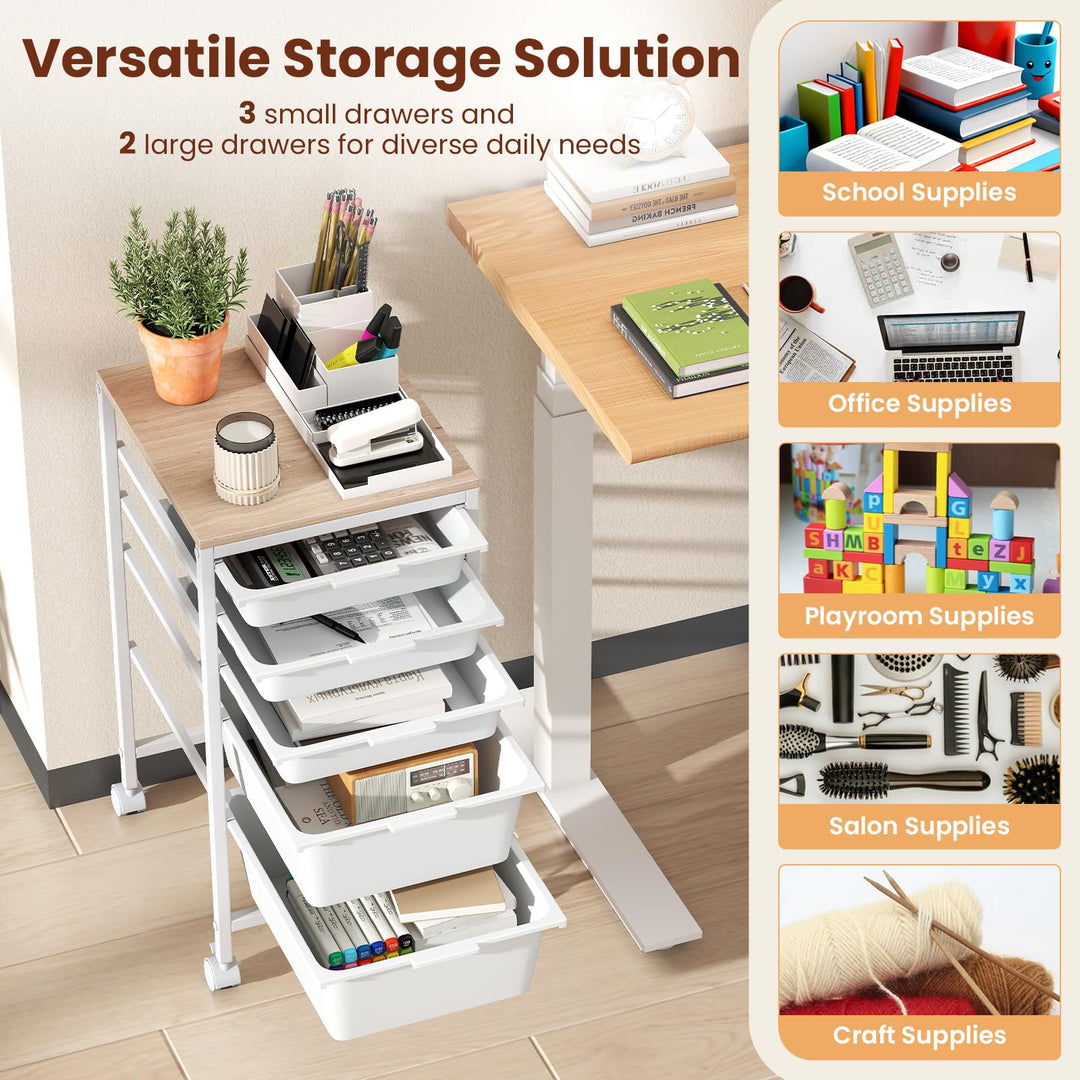 Giantex 5-Drawer Rolling Storage Cart Mobile Utility Organizer with Wooden Tabletop and Lockable Wheels