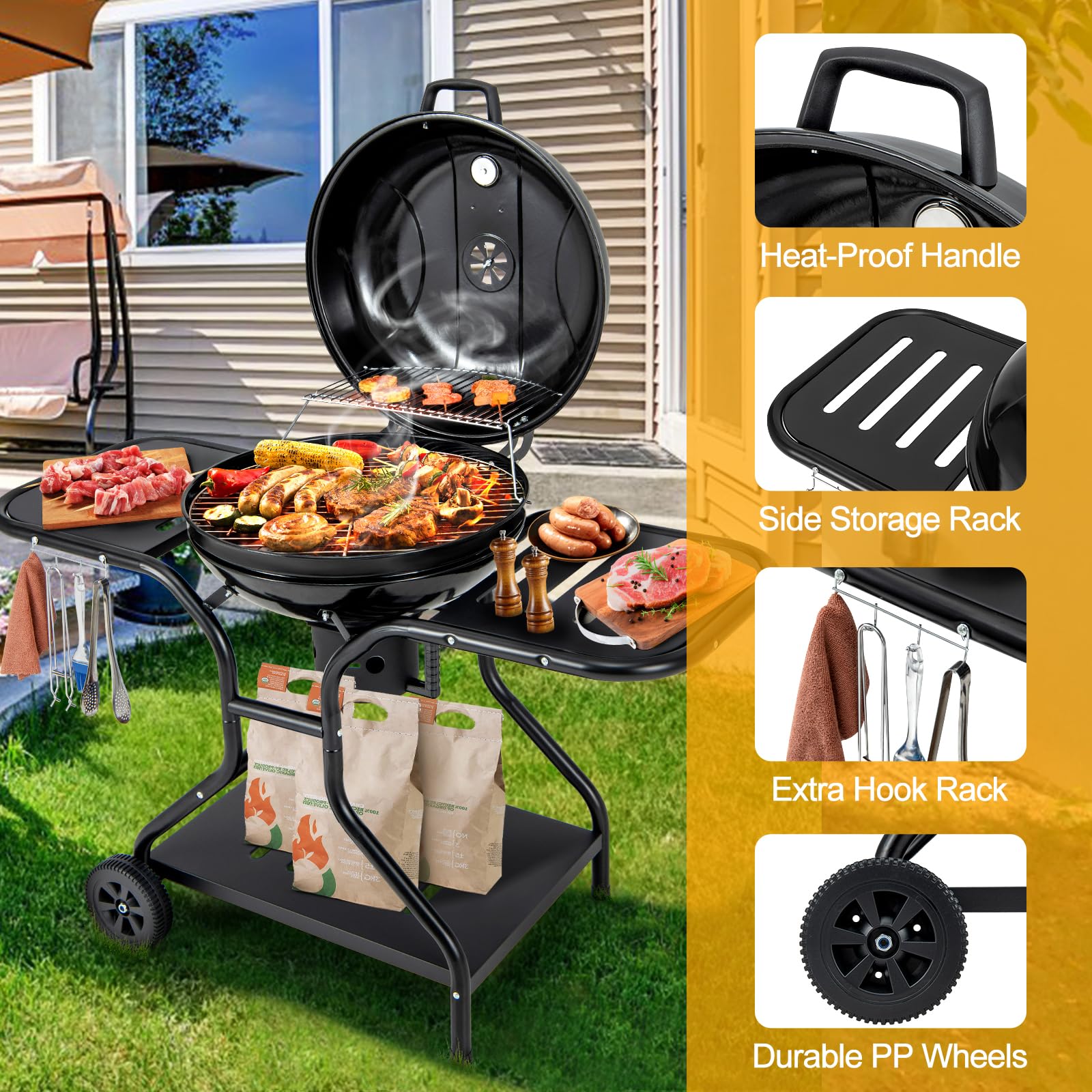 Giantex Kettle Charcoal Grill 22-Inch, Porcelain Enamel Body and Lid, 2 Side Tables with 4 Hooks, Storage Shelf