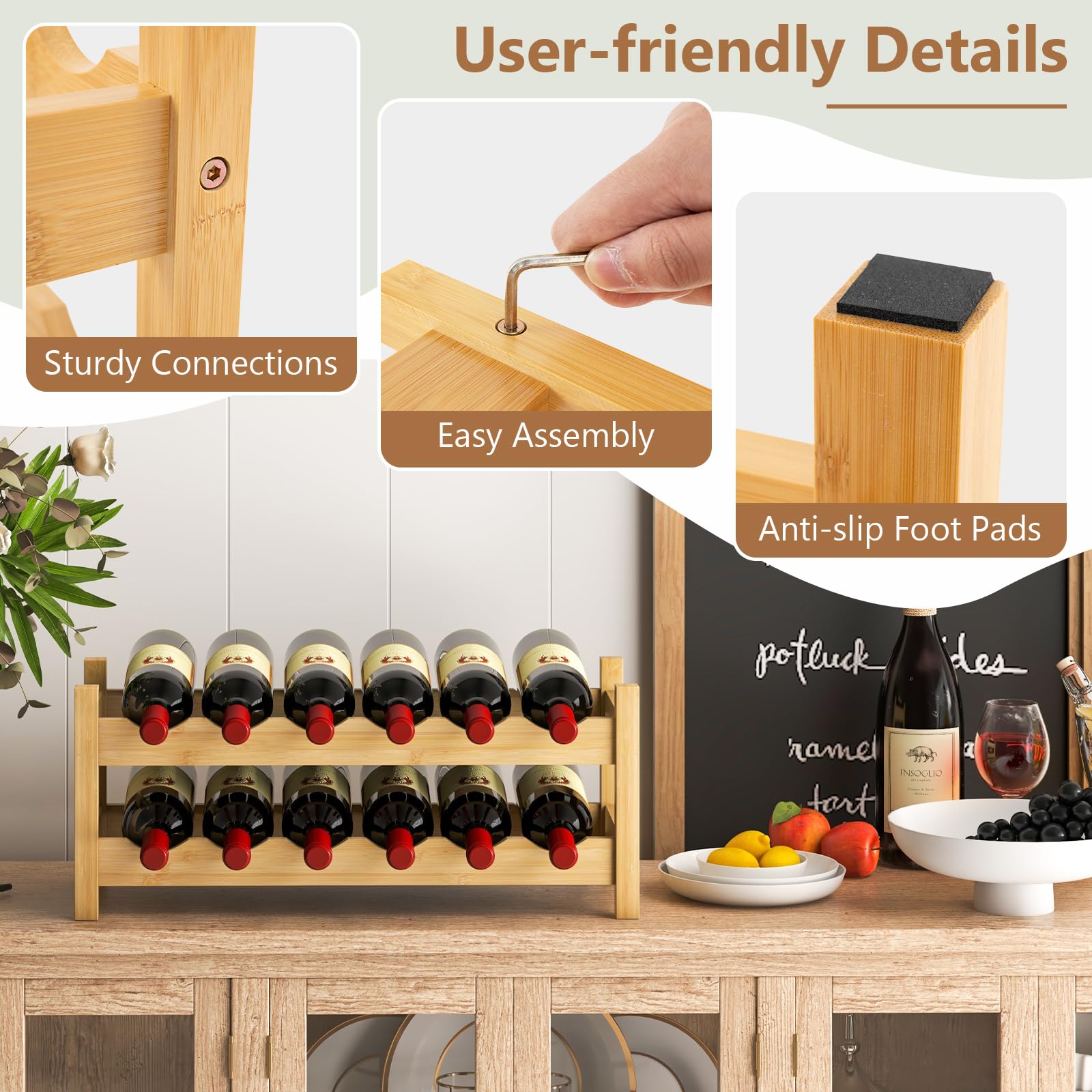 Giantex Bamboo Wine Rack, 2/3 Tier 12/18 Bottle Wine Storage Cabinet Shelf