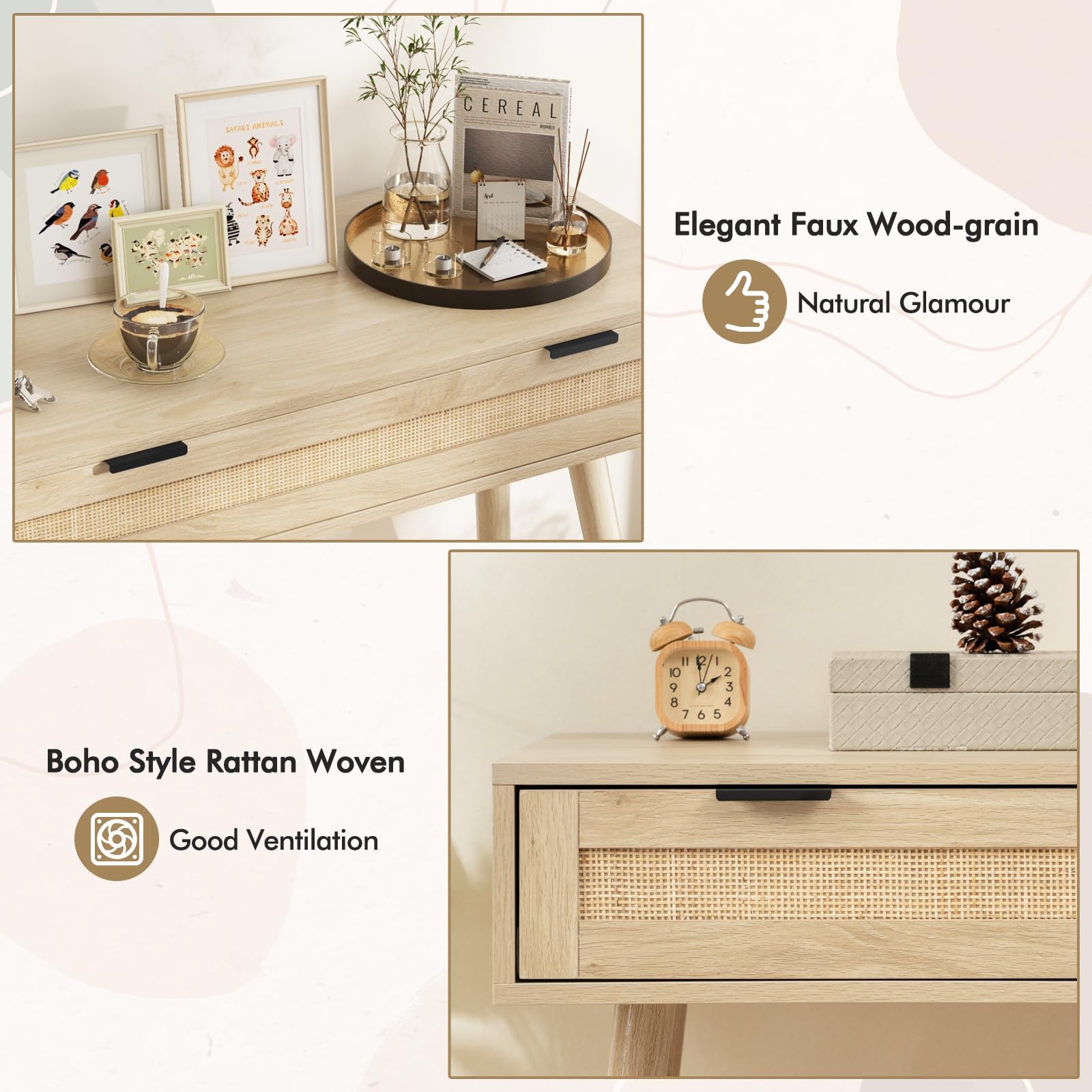 Giantex Rattan Console Table with Drawer, Boho Style Entryway Table, Farmhouse Wooden Sofa Side Table with Storage, Accent Vanity Table
