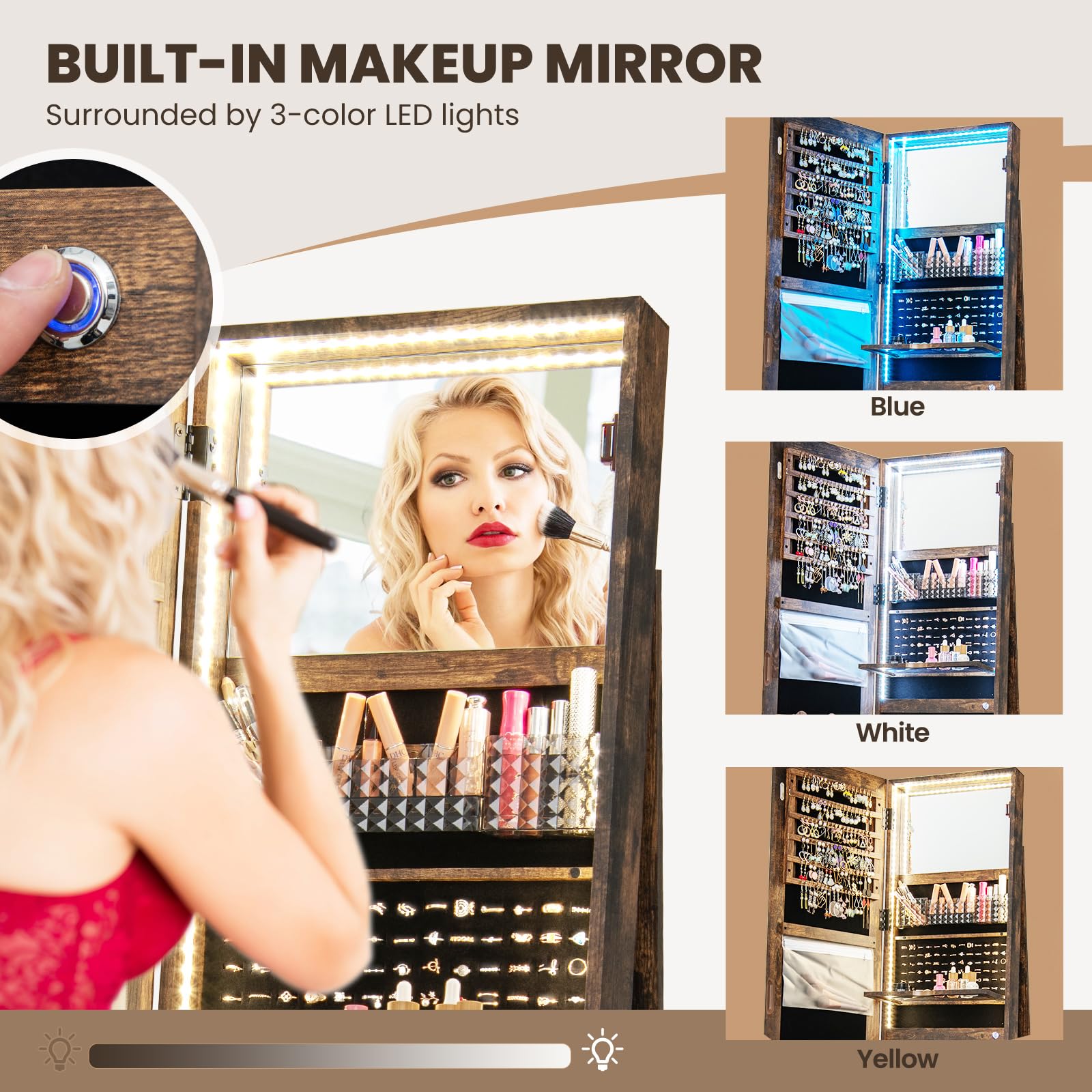 CHARMAID LED Mirror Jewelry Cabinet Armoire 360° Swivel, 63" H 3-Color Lighted Full Length Mirror