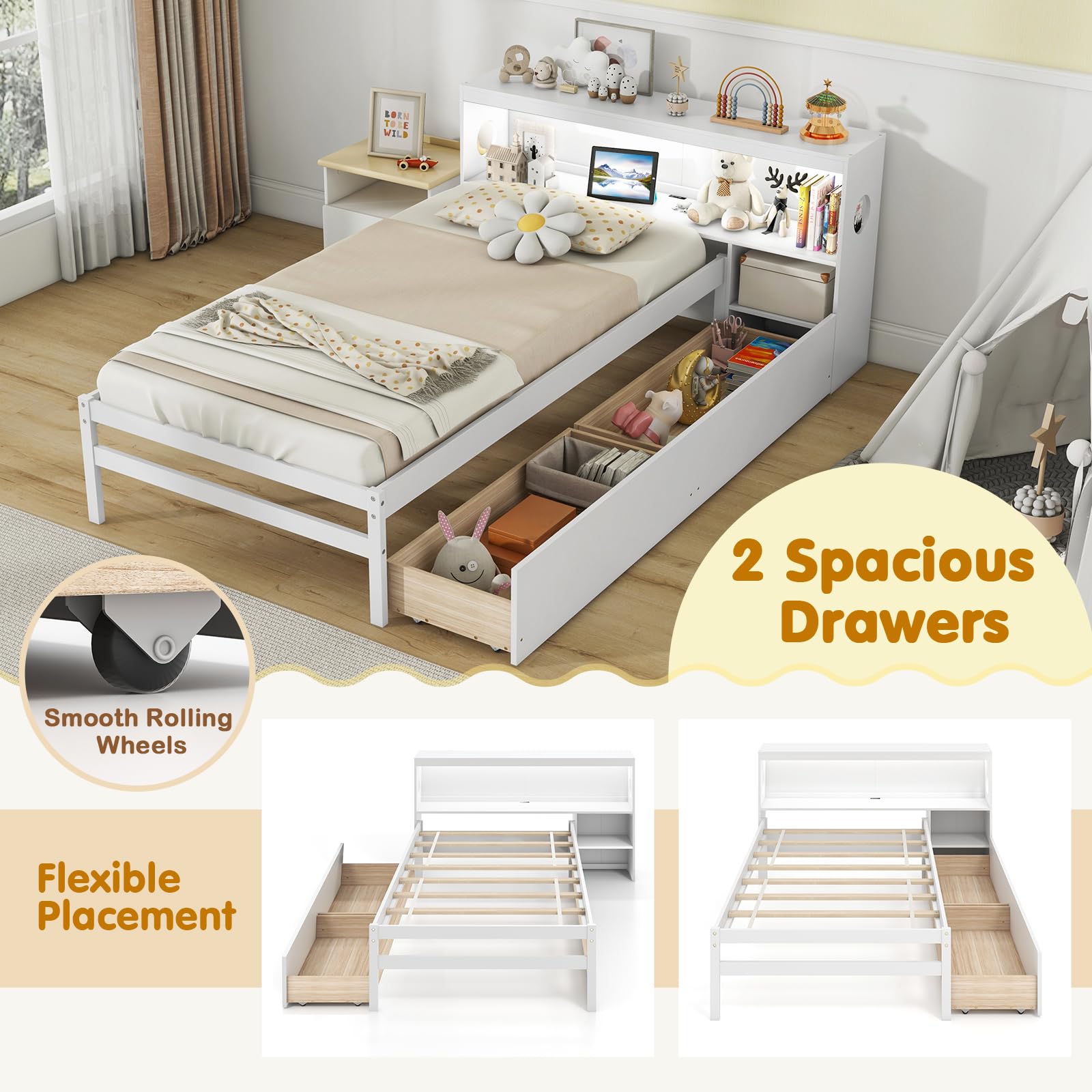 Giantex Wood Twin Bed Frame with Storage Drawer & Headboard, Modern Platform Bed with Charging Station & LED Light