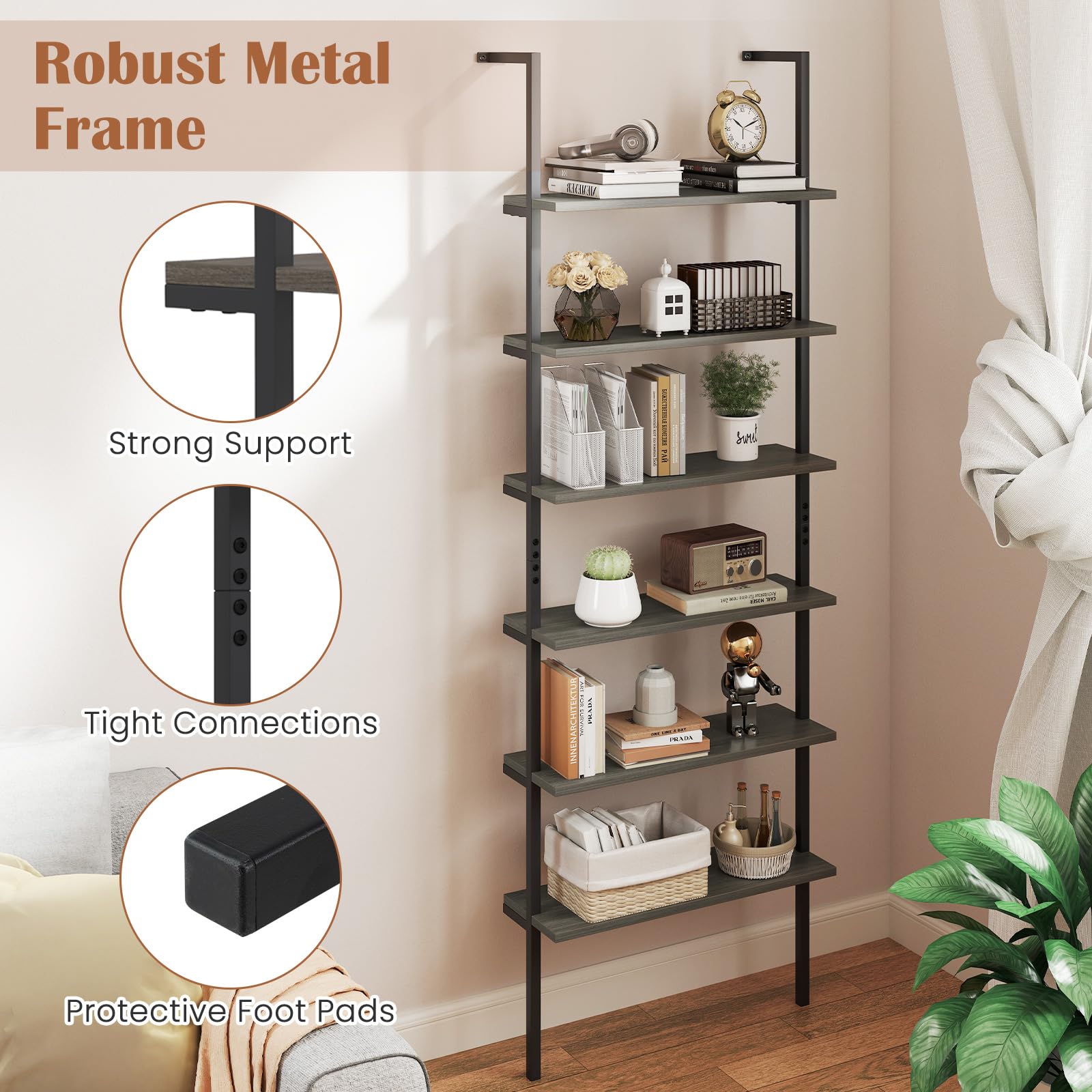Giantex 6-Tier Ladder Shelf, 72" Wall Mounted Bookshelf with Metal Frame, Industrial Open Storage Shelves
