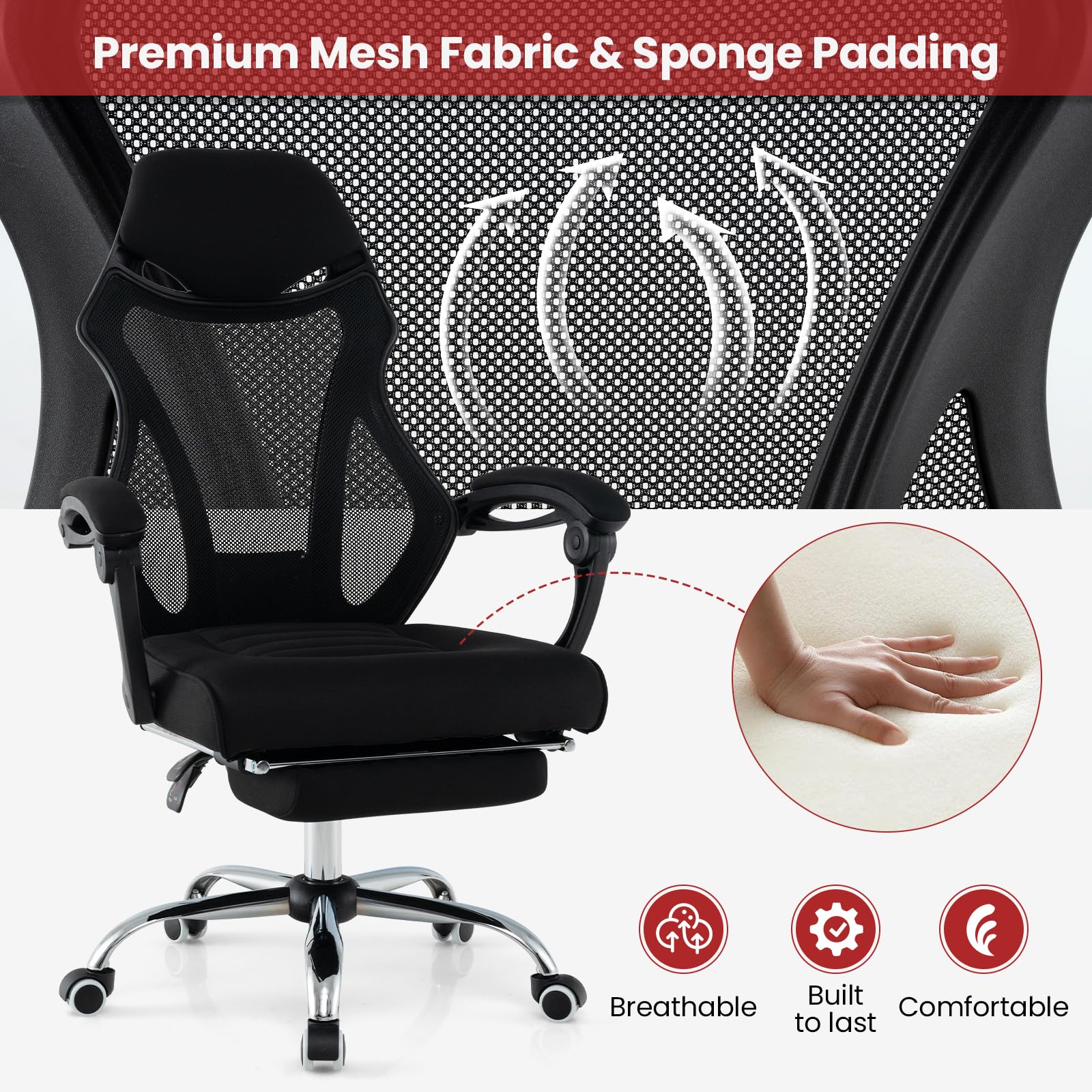 Giantex Ergonomic Desk Chair with Footrest, Mesh Office Chair with Height-Adjustable & Tilting Backrest