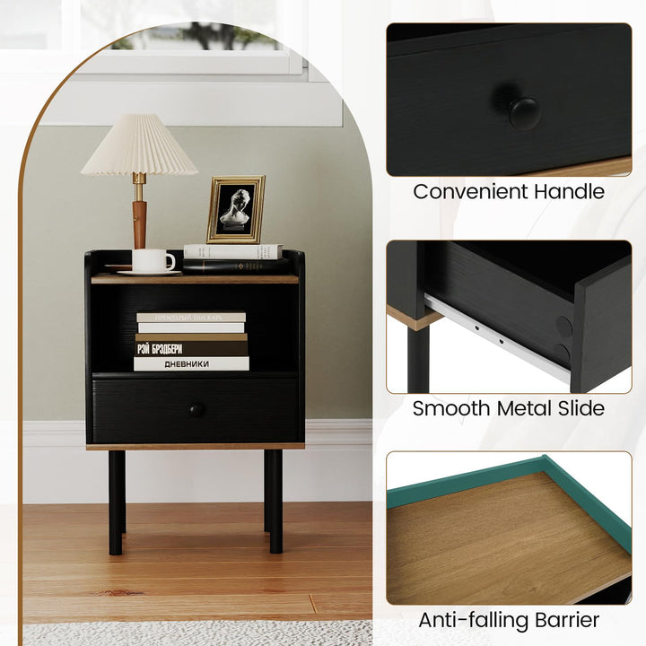Giantex Wood Night Stand with Drawer - Mid Century Modern Bedside Table