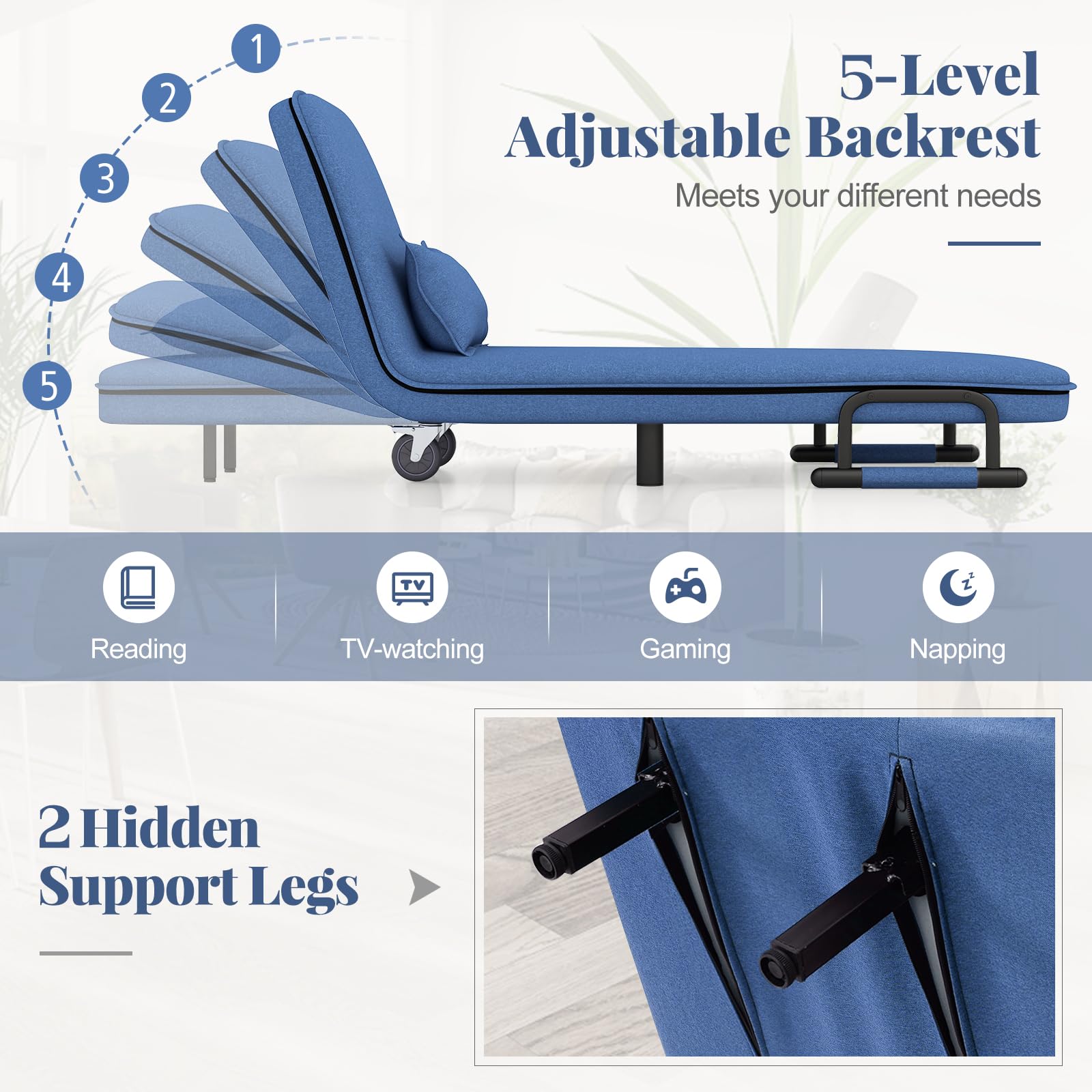 Giantex Convertible Sofa Bed, 3-in-1 Folding Sleeper Chair with 5-Position Adjustable Backrest, Wheels, 2 Legs