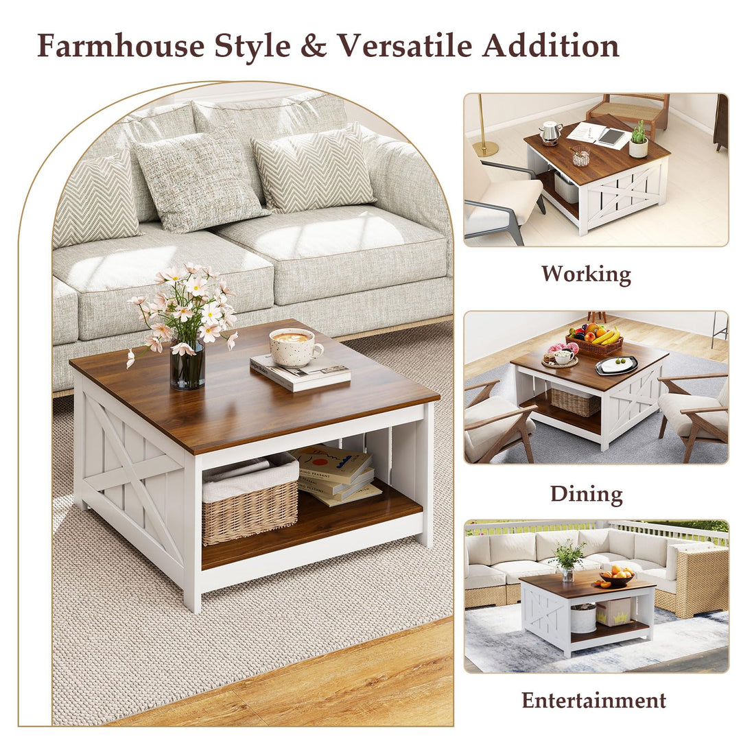 Giantex Farmhouse Coffee Table 31 Inch Square Wood Coffee Table with Storage Shelf