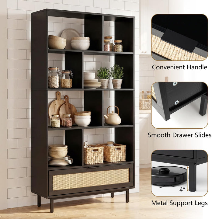 Giantex 64" Tall 6-Tier Wood Bookshelf with Rattan Drawer