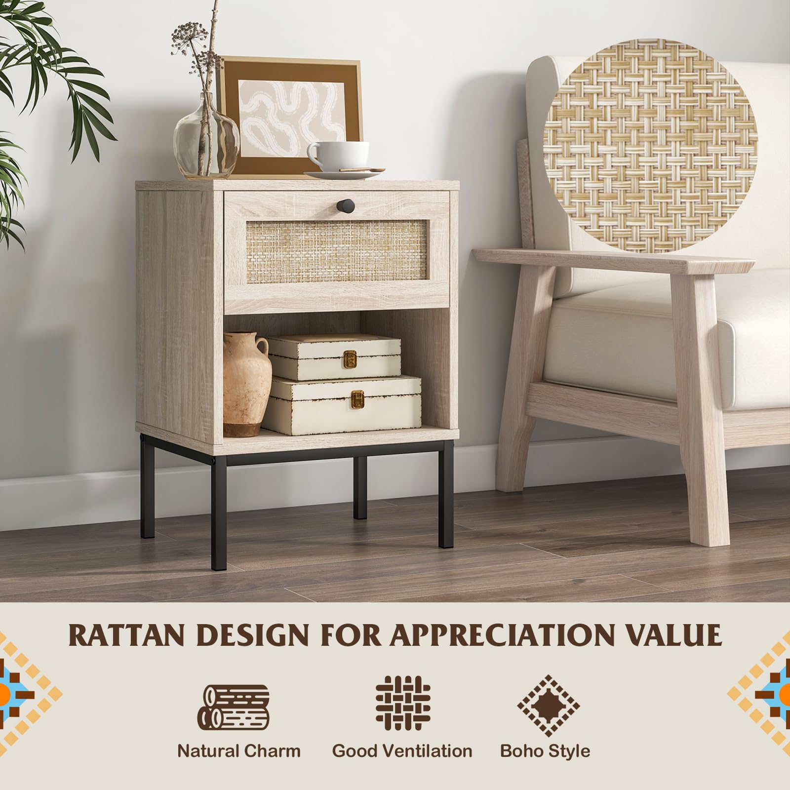 Giantex Rattan Nightstand with Drawer, Boho Side Table with 4 Metal Legs and Open Storage Shelf