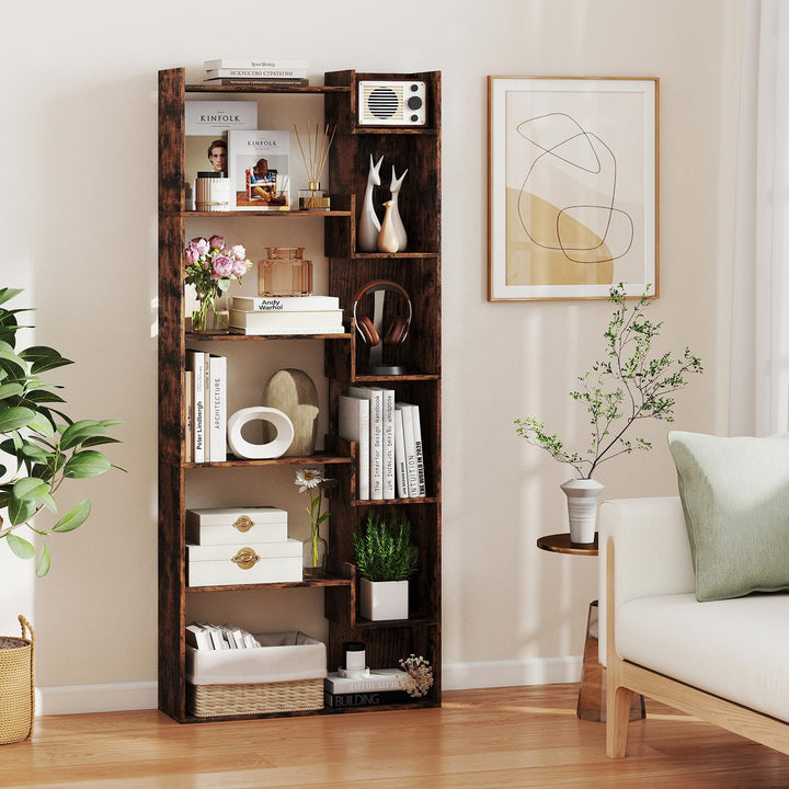 Giantex 6-Tier Bookshelf Wooden Bookcase with Staggered Shelves