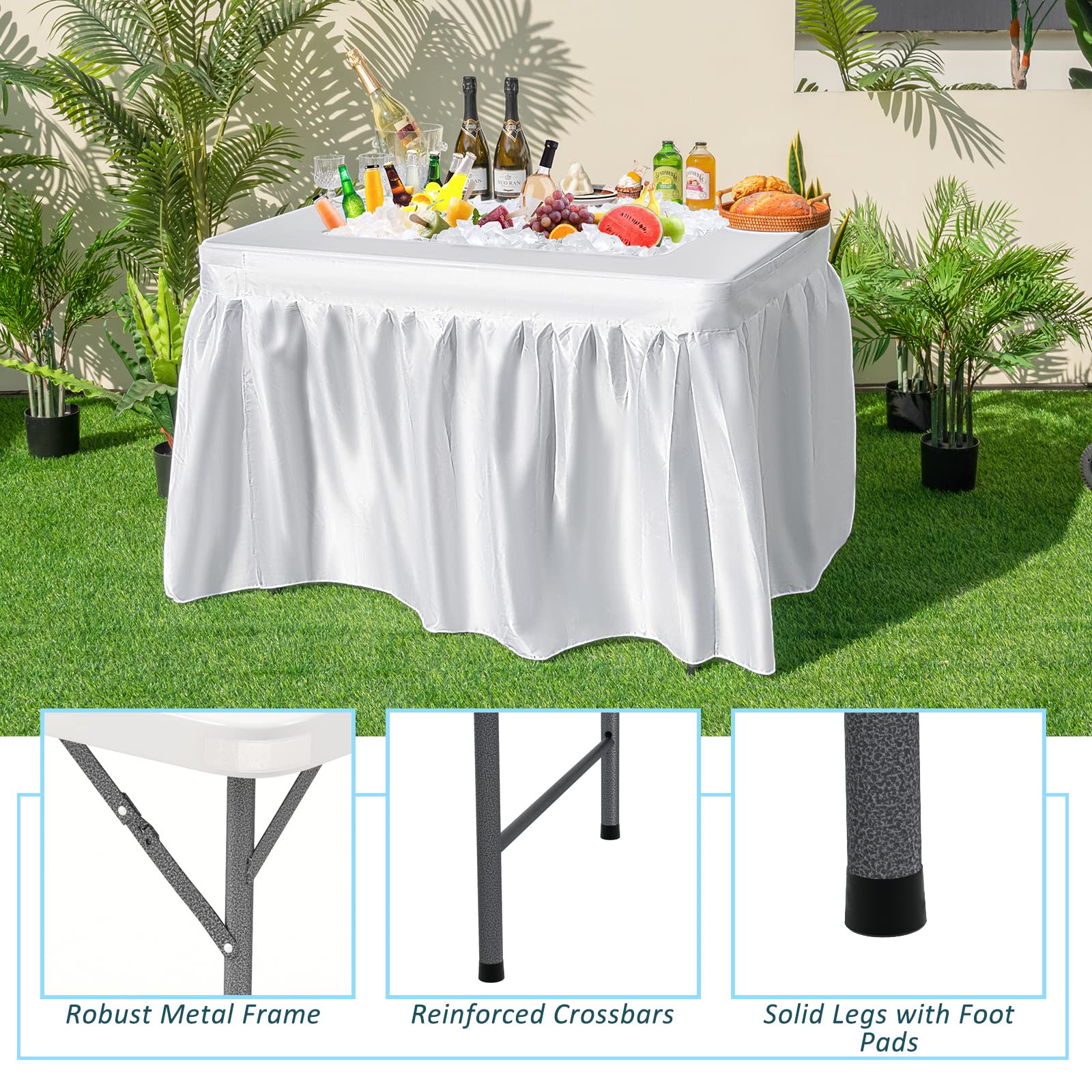 Giantex 4Ft Folding Ice Cooler Table with Drain - No Assembly Ice Bin Table with Edge and Removable Matching Skit