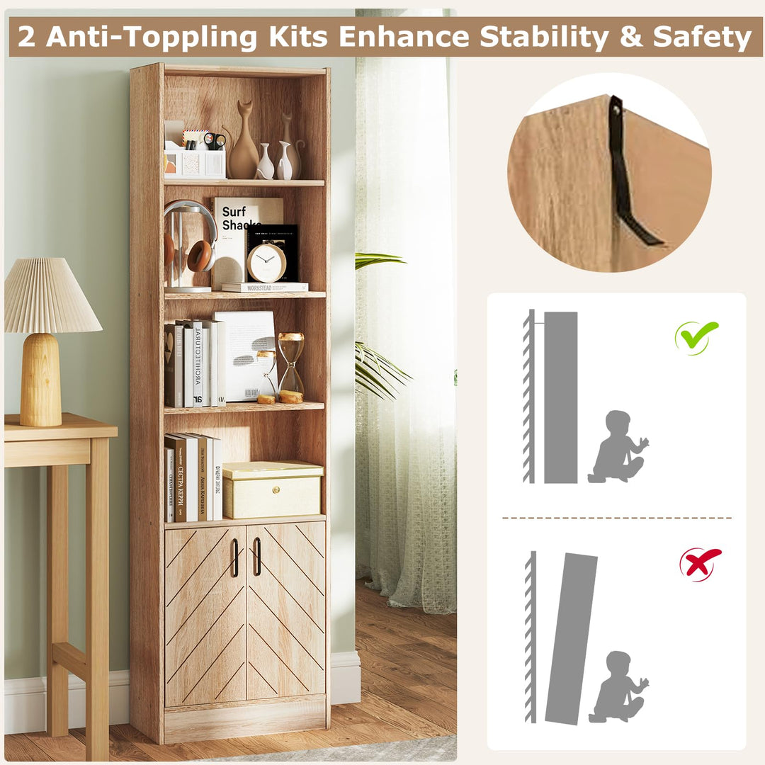 Giantex 6-Tier Bookshelf with Double Doors, 71" Tall Bookcase w/ 4 Open Cubes & 3 Adjustable Shelves