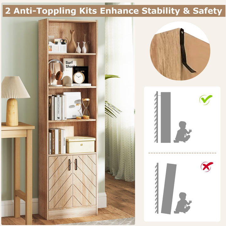 Giantex 6-Tier Bookshelf with Double Doors, 71" Tall Bookcase w/ 4 Open Cubes & 3 Adjustable Shelves