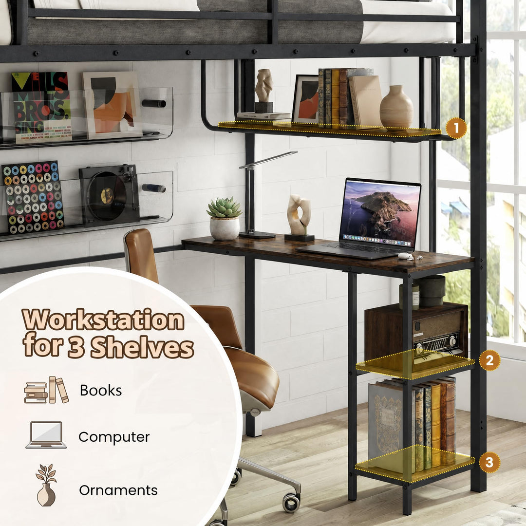 Giantex Twin Loft Bed with Desk LED Lights &amp; Charging Station