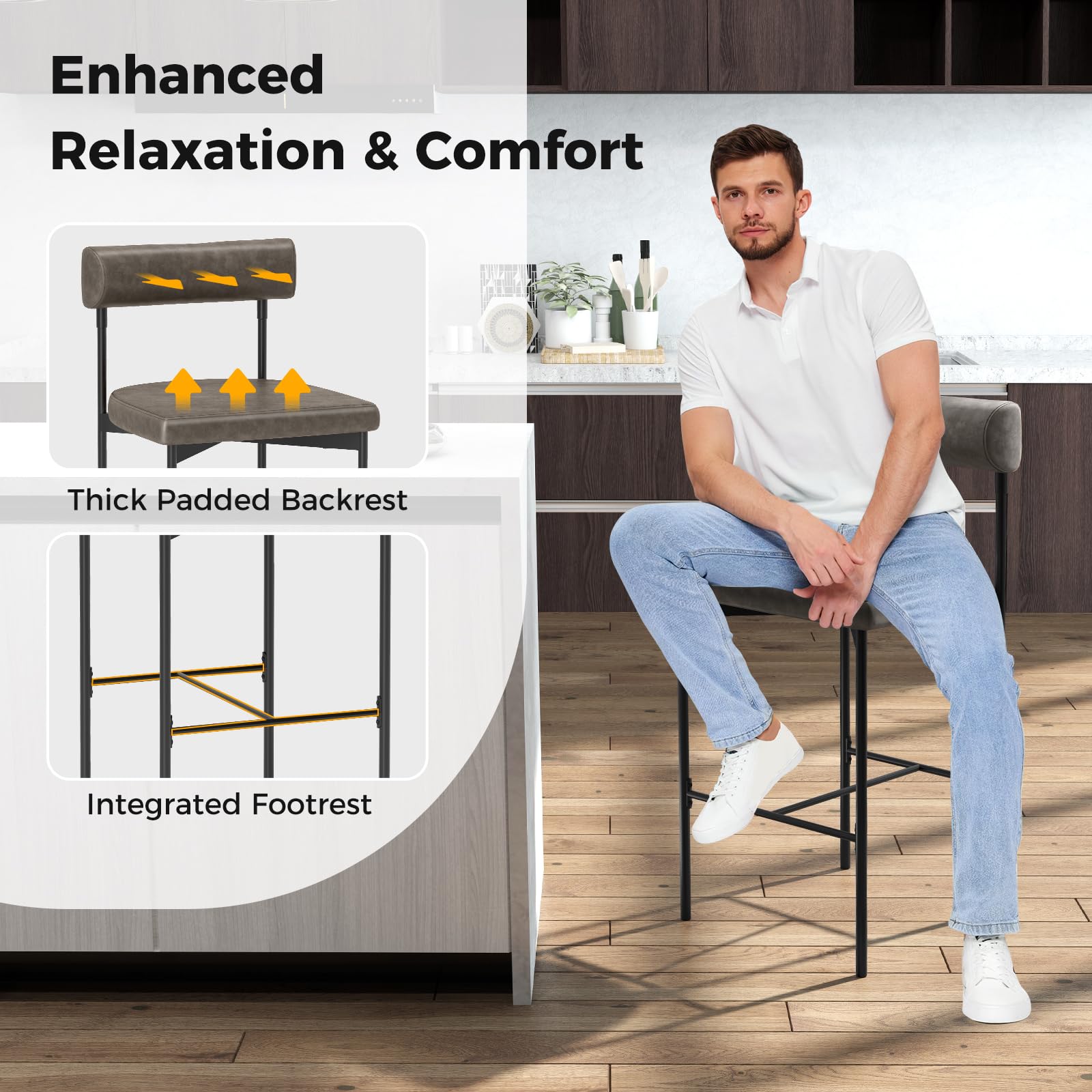 Giantex Counter Height Bar Stools, 26 Inch Upholstered Bar Chairs with Back