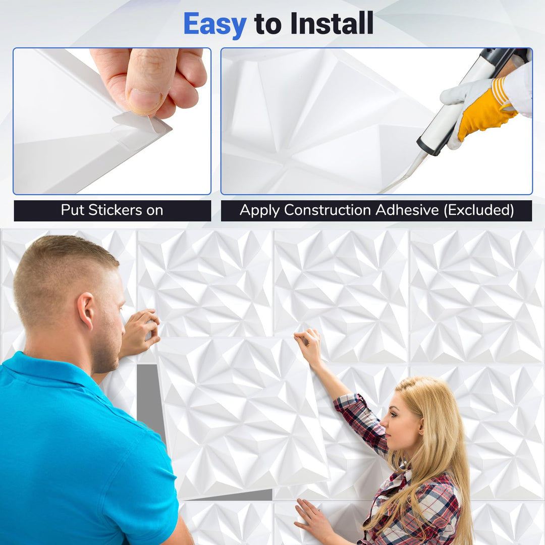 Giantex 3D Wall Panels, 20"x20" White PVC Decorative Wall Tiles with Diamond Pattern