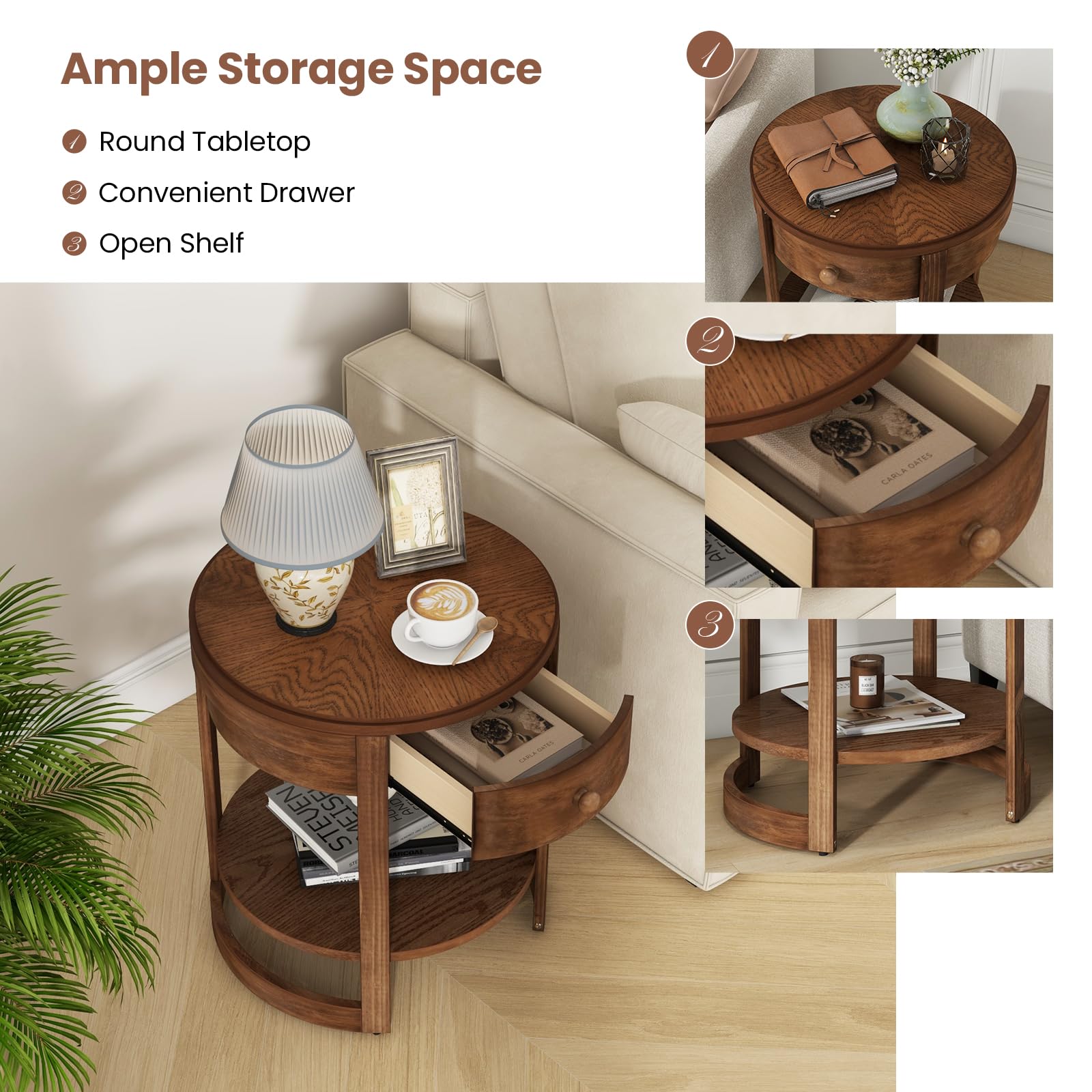 Giantex Round Side Tables Set of 1/2, 2-Tier Retro End Tables with Drawer & Shelf