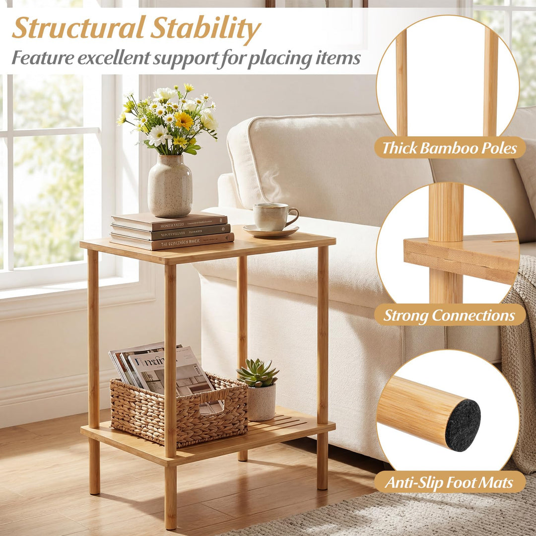 Giantex Bamboo Side Table Set of 2 w/Storage Shelves