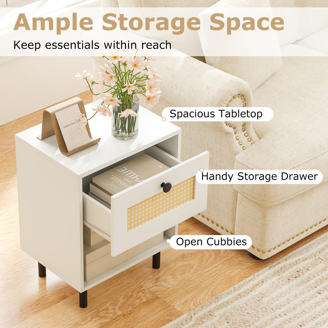 Giantex Rattan Nightstand Boho End Table with Rattan Drawer and Open Shelf