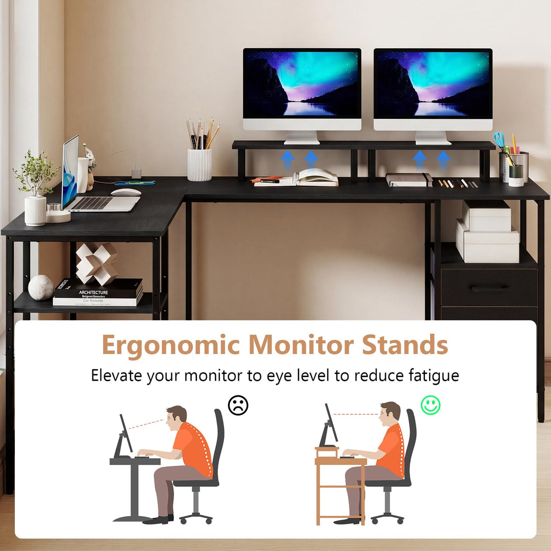 Giantex 63" Reversible L Shaped Desk with Charging Station