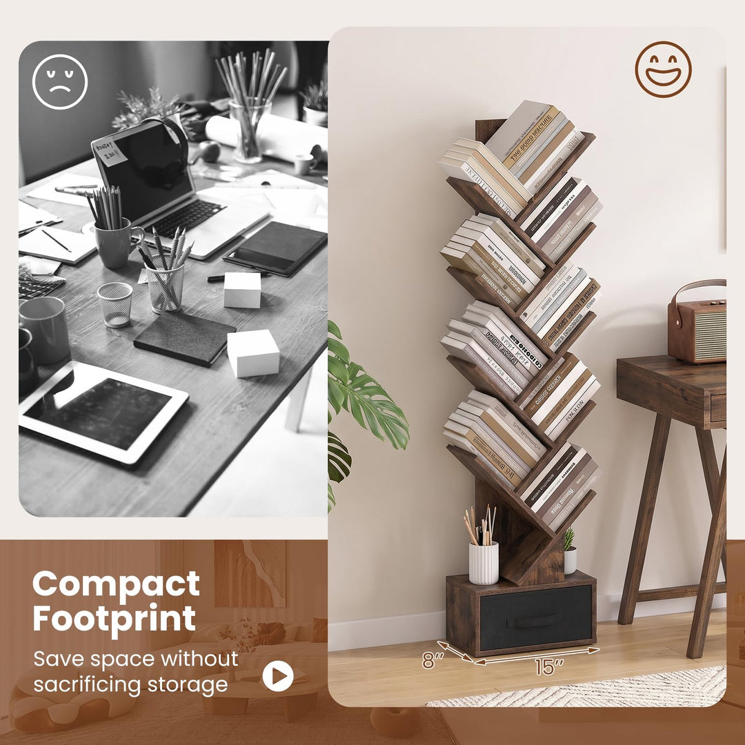 GIANTEX 9-Tier Tree Bookshelf | Tall Small Bookcase with Drawer
