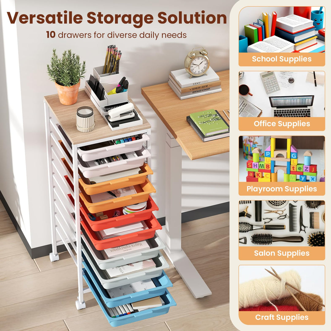Giantex 10-Drawer Rolling Storage Cart Mobile Utility Organizer with Wooden Tabletop and Lockable Wheels