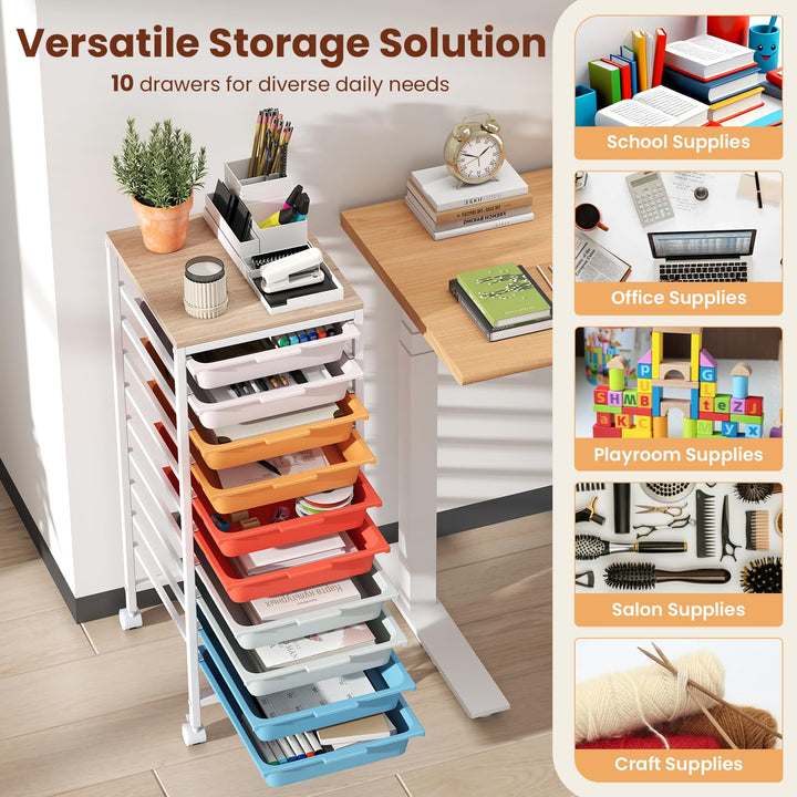 Giantex 10-Drawer Rolling Storage Cart Mobile Utility Organizer with Wooden Tabletop and Lockable Wheels