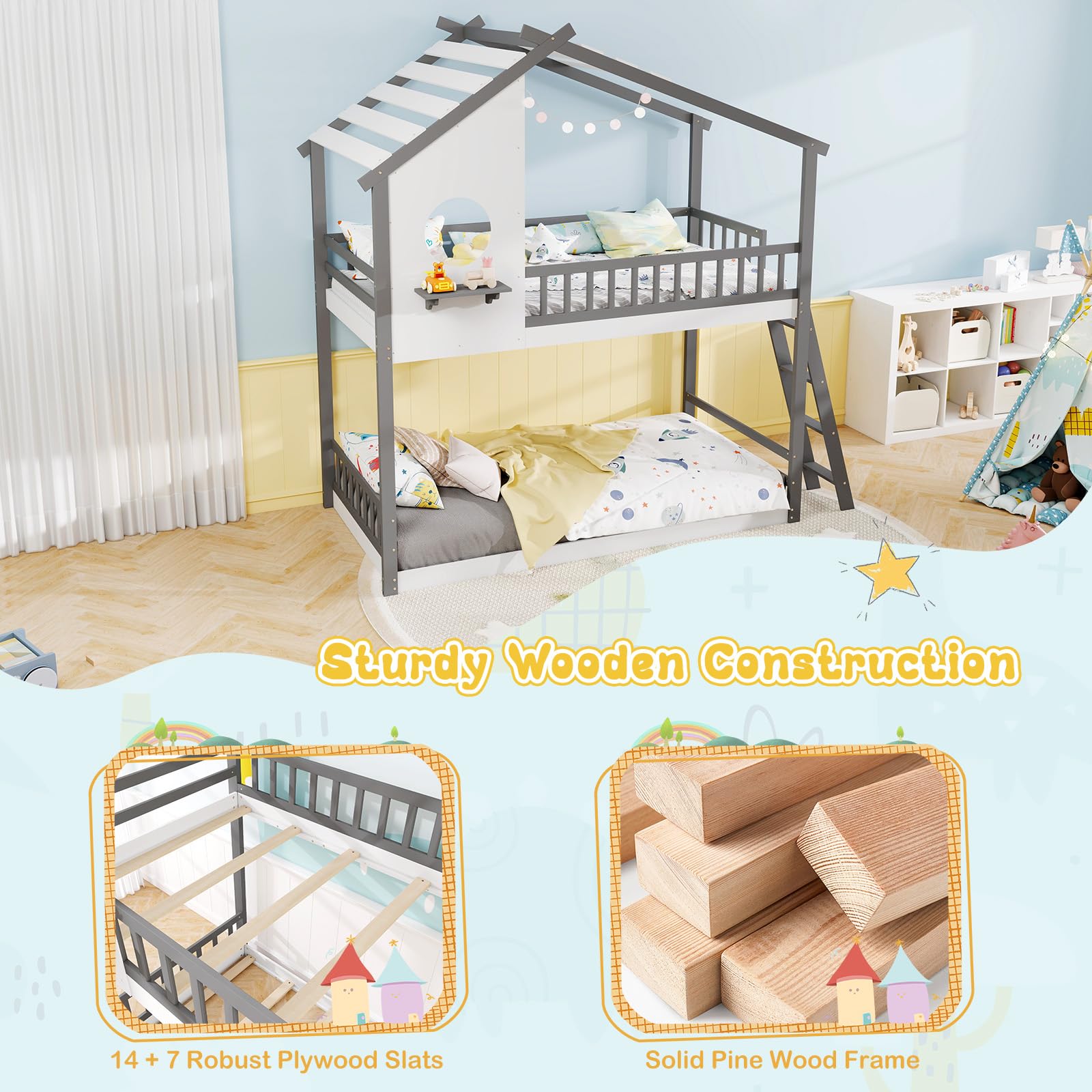 Giantex Solid Wood Floor Bunk Bed with Ladder and Full-Length Guardrails