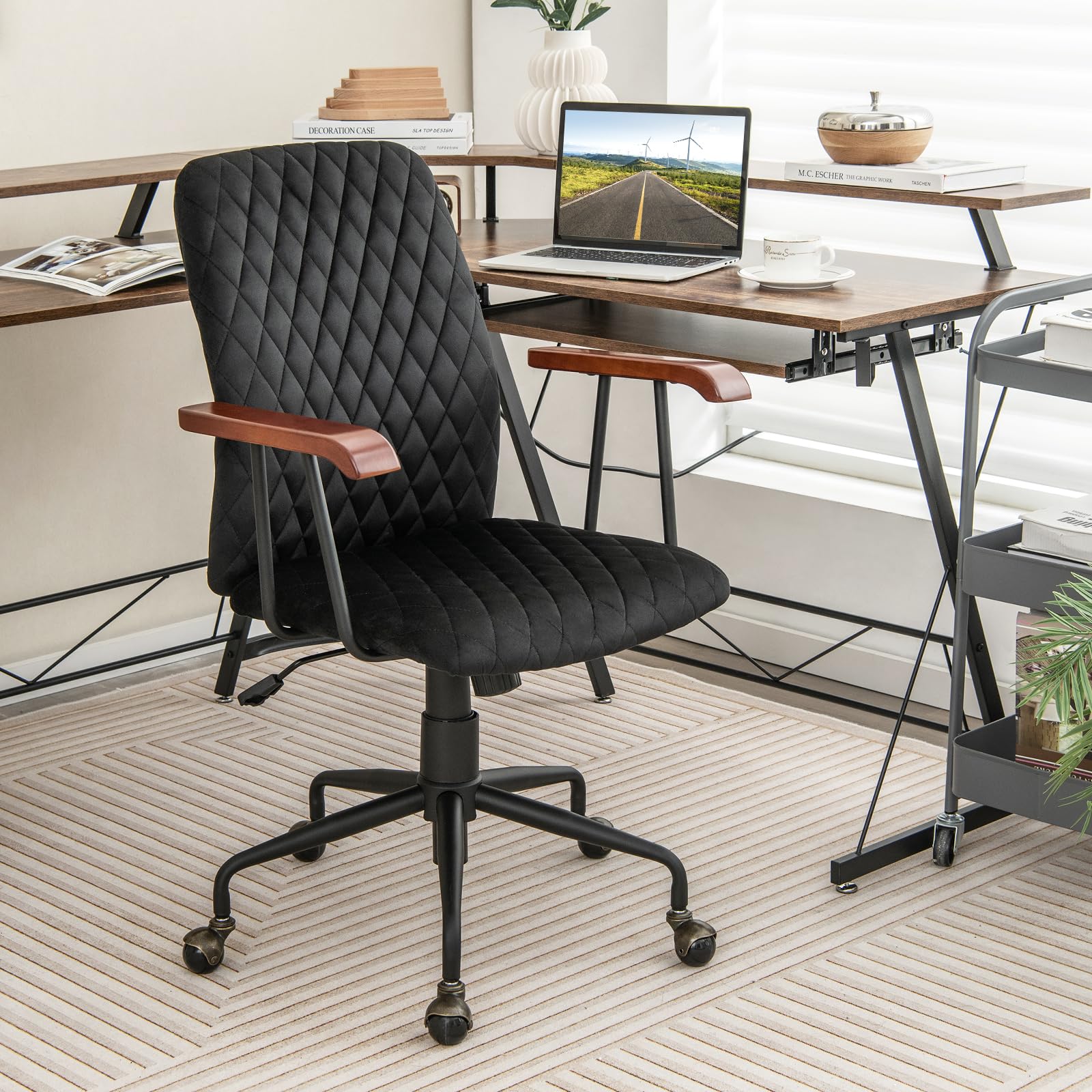 Giantex Velvet Home Office Desk Chair, Adjustable Swivel Task Chair, Vintage Mid-Back Leisure Chair