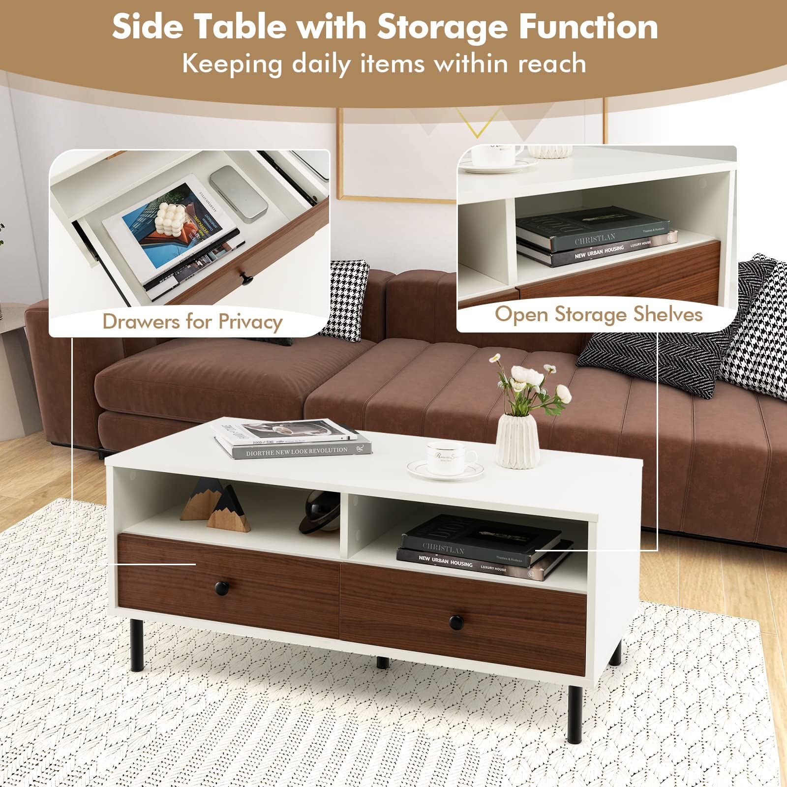 Giantex Rectangular Coffee Table with Storage, 2 Tier Wood Tea Table with 2 Drawers