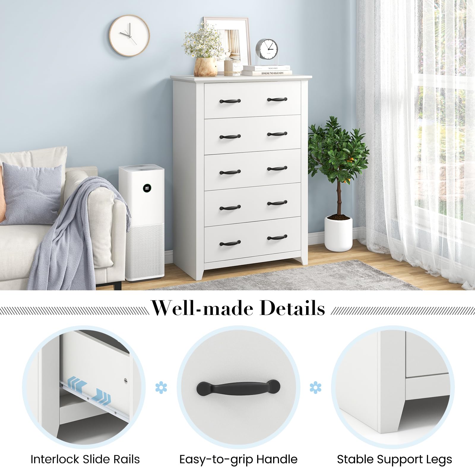 Giantex 5 Drawer Dresser Chest of Drawers - Vertical Dresser with 5 Pull-Out Drawers for Bedroom, Living Room, Entryway
