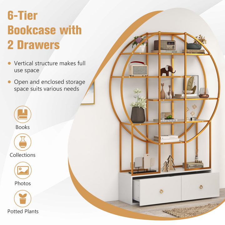 Giantex 6-Tier Round Bookshelf with 2 Drawers