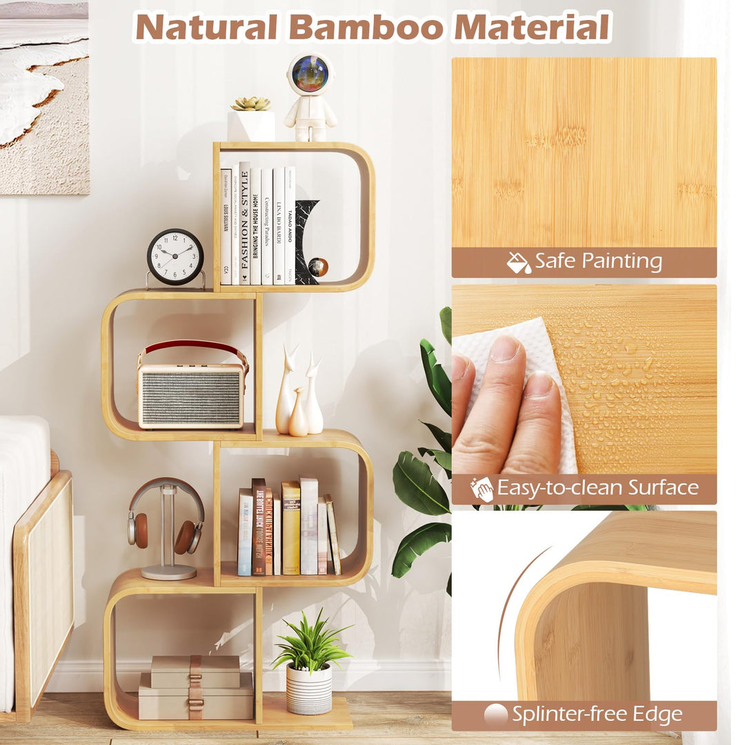 Giantex 4-Tier S-Shaped Bamboo Bookshelf with 4 Open Cubes