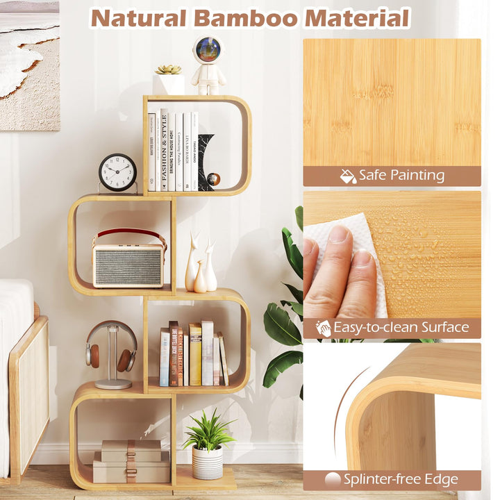 Giantex 4-Tier S-Shaped Bamboo Bookshelf with 4 Open Cubes