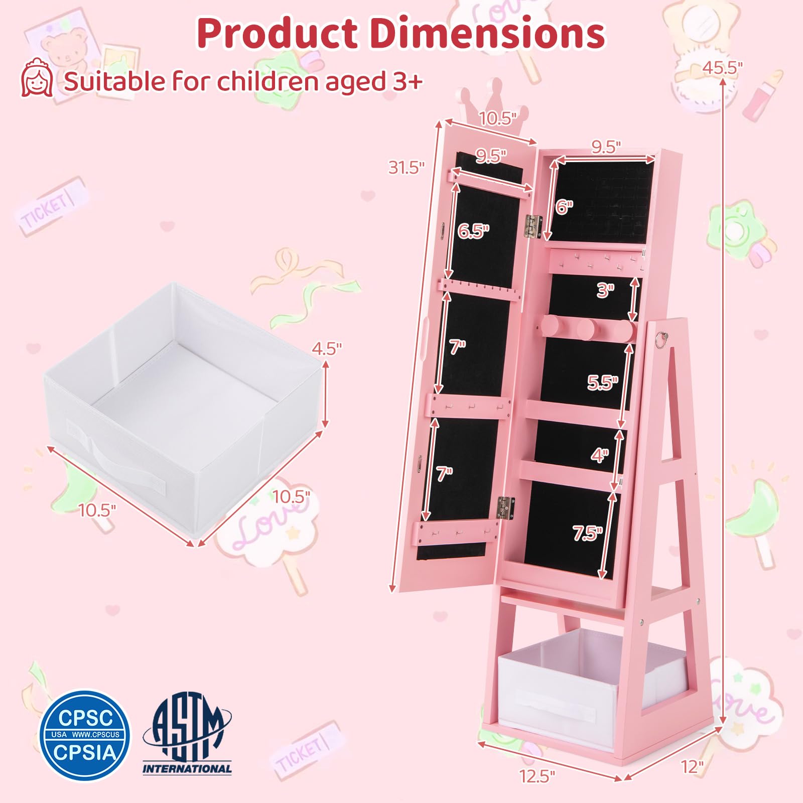 CHARMAID Kids Mirror Jewelry Cabinet - 45.5'' Standing Jewelry Armoire with Full Length Mirror
