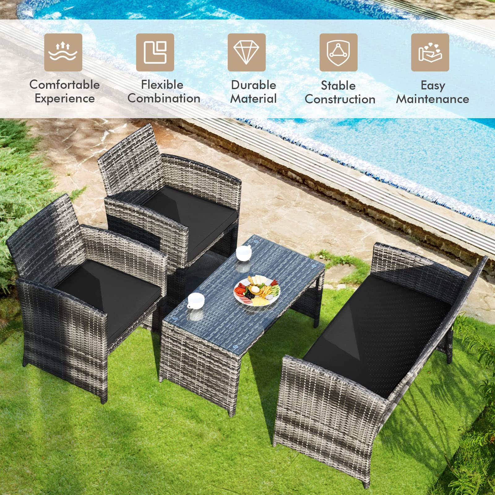 Giantex 4 Pc Rattan Patio Furniture Garden Lawn Sofa Cushioned Seat Mix Gray Wicker Conversation Sets