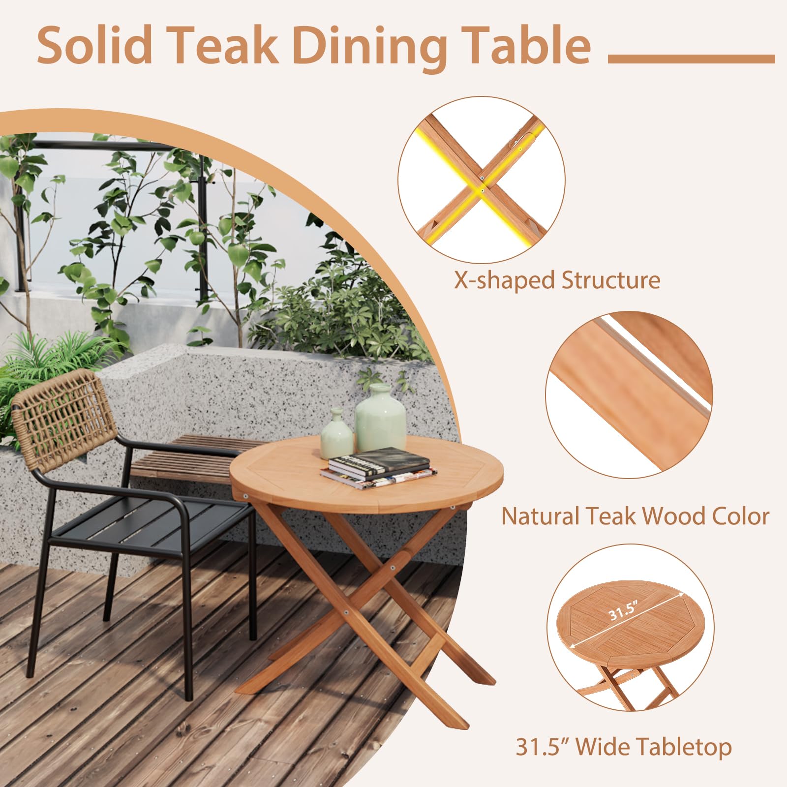 Giantex 31.5” Outdoor Folding Table, Patio Solid Teak Dining Table with Natural Appearance, Space-Saving Design
