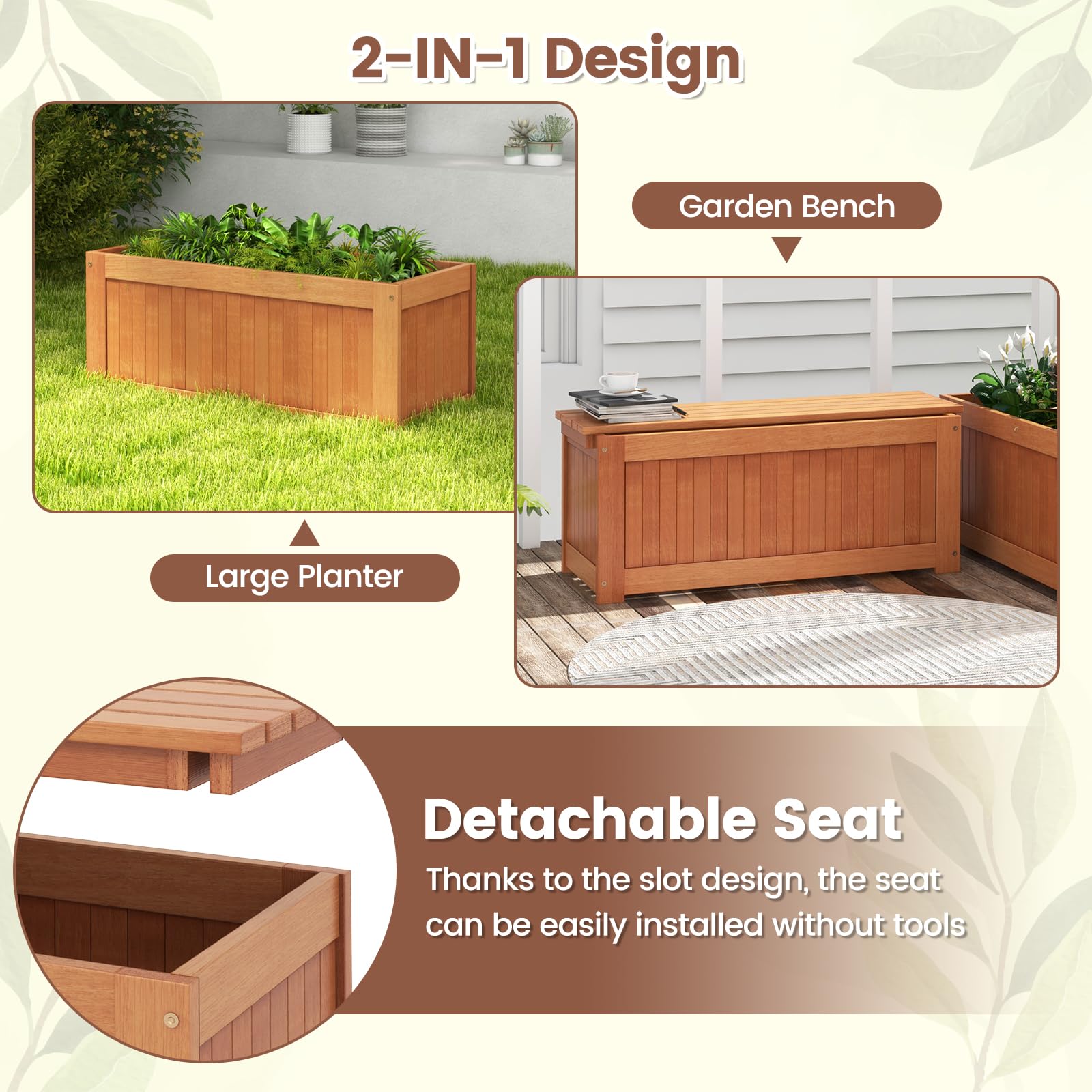 Giantex 2-in-1 Outdoor Bench, Wood Raised Garden Bed with Open Base, Teak Oil Finish